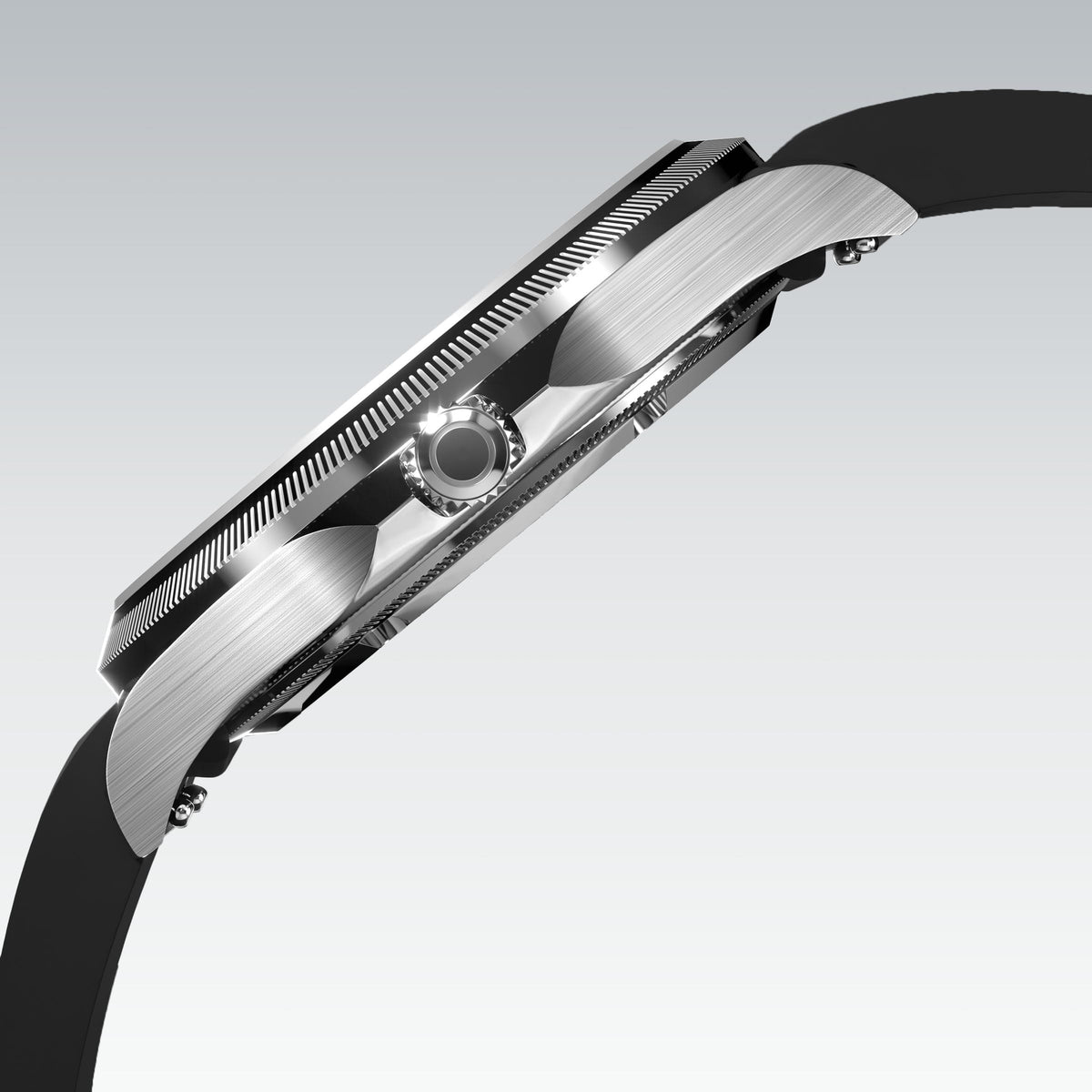Side profile of the Sunseeker 40mm silver case showing the crown and ray-cut bezel, on a black natural rubber strap