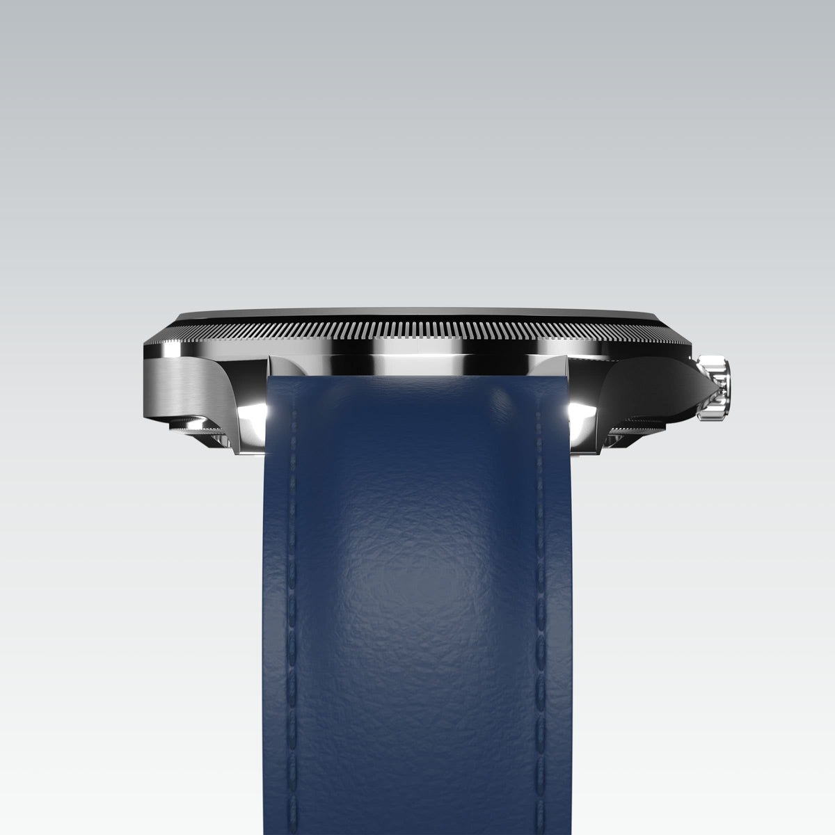 Underside view of the Sunseeker 40mm silver case and the clasp of a blue eco vegan leather strap