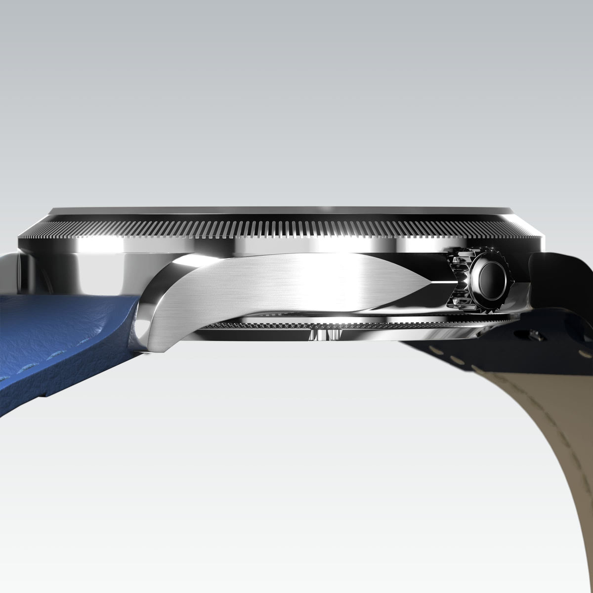 Low-angle view of the Sunseeker 40mm silver case and crown with a blue eco vegan leather strap