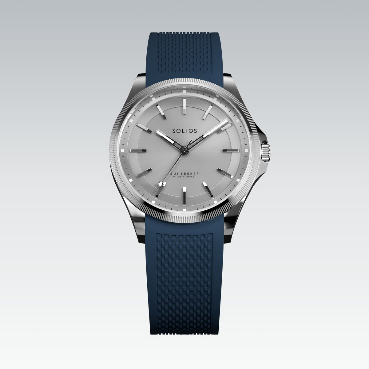 The Sunseeker 40mm solar watch from Solios, front view, silver dial in a silver case on a blue natural rubber strap