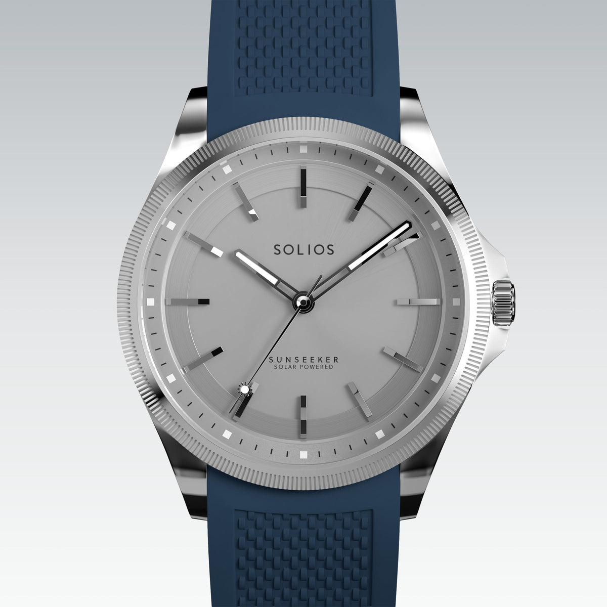 Close front view of the Sunseeker 40mm silver dial and silver case on a blue natural rubber strap