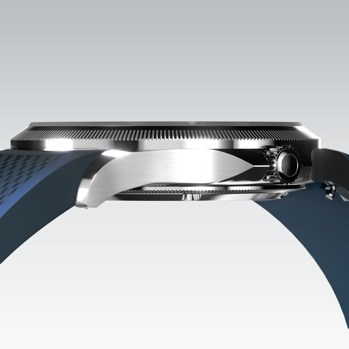 Low-angle view of the Sunseeker 40mm silver case and crown with a blue natural rubber strap