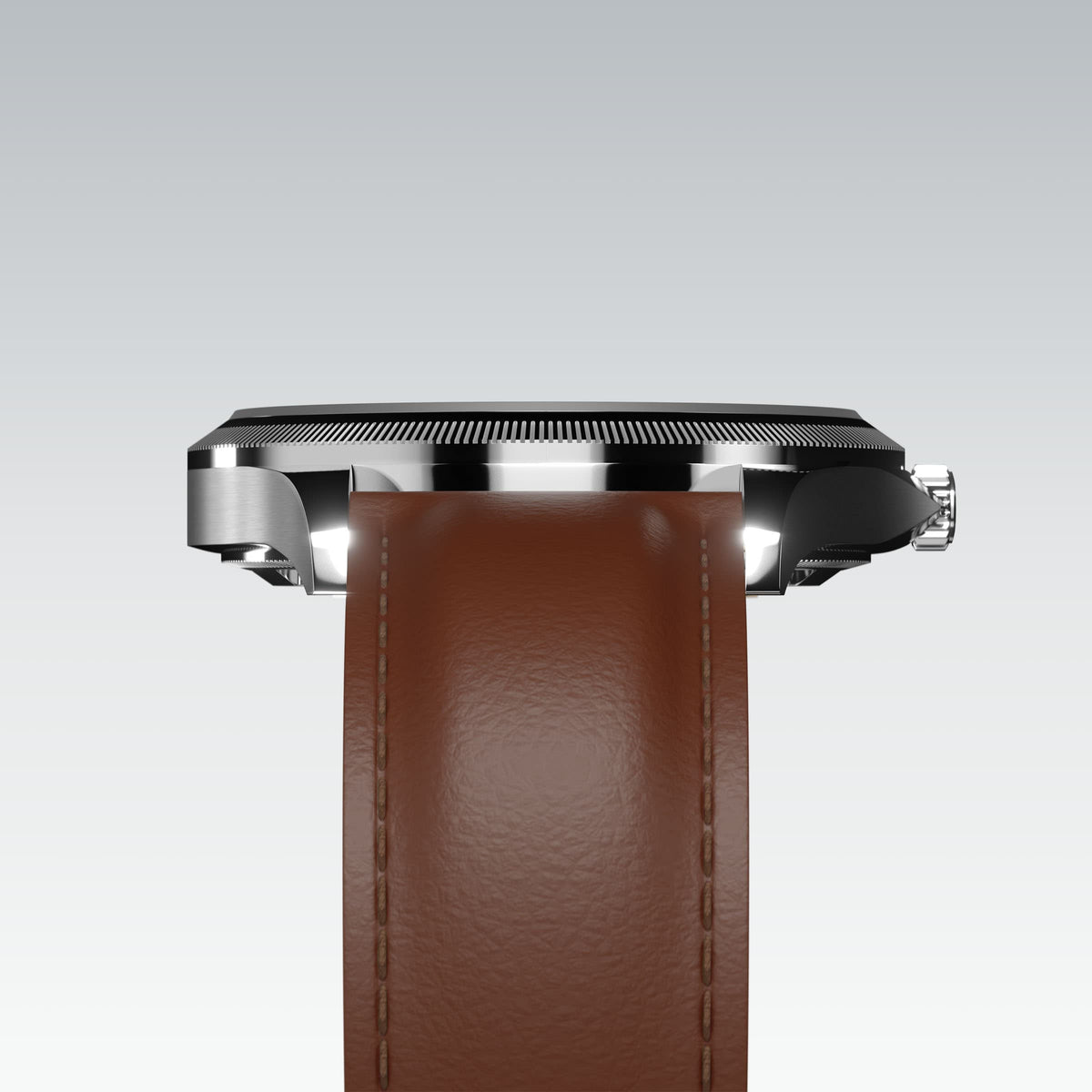 Underside view of the Sunseeker 40mm silver case and the clasp of a brown eco vegan leather strap