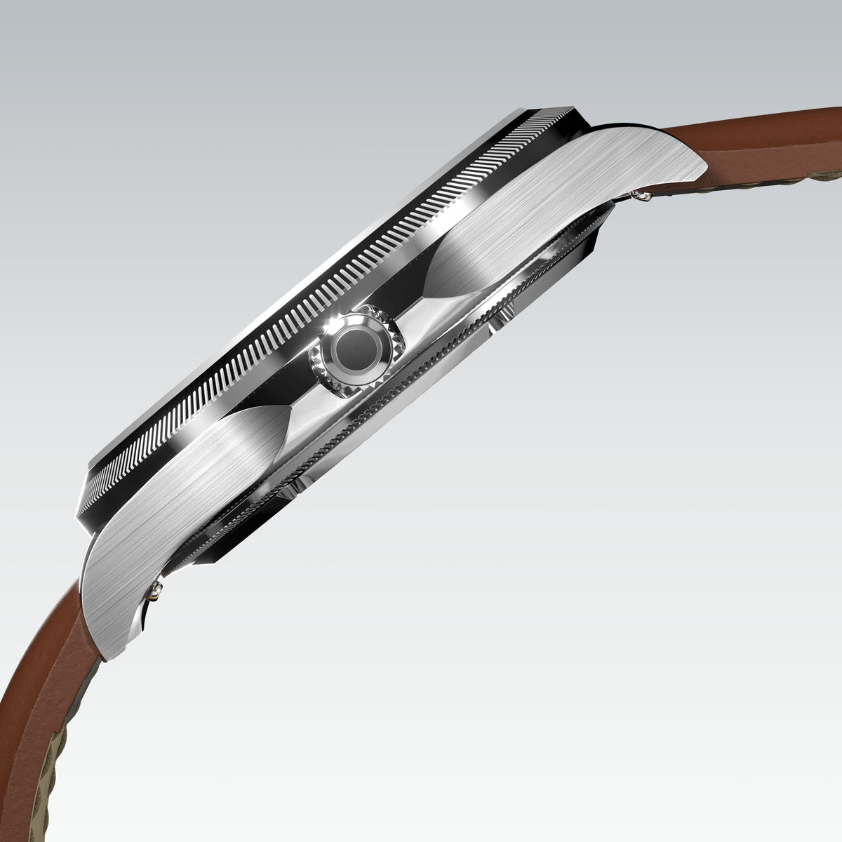 Side profile of the Sunseeker 40mm silver case showing the crown and ray-cut bezel, on a brown eco vegan leather strap