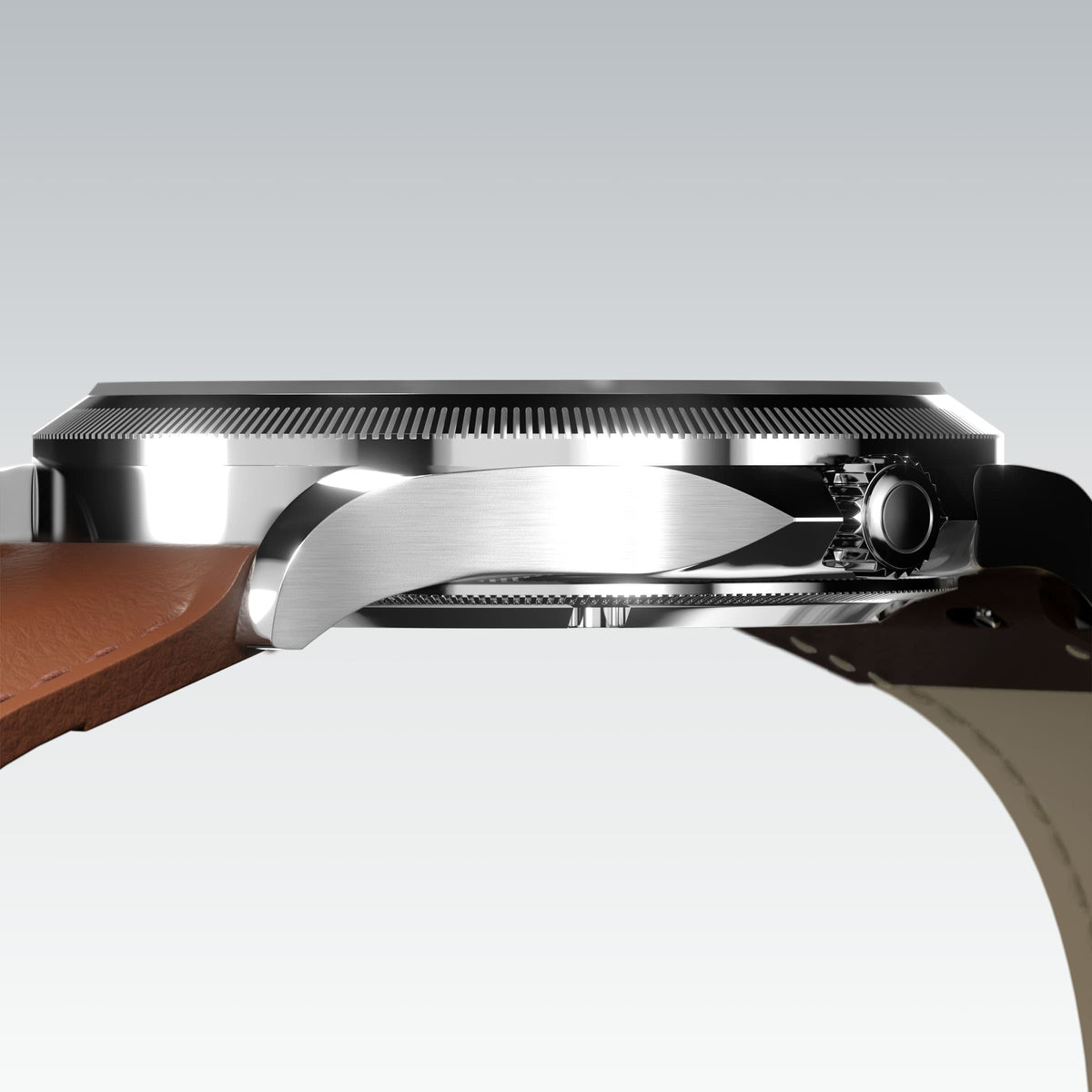 Low-angle view of the Sunseeker 40mm silver case and crown with a brown eco vegan leather strap