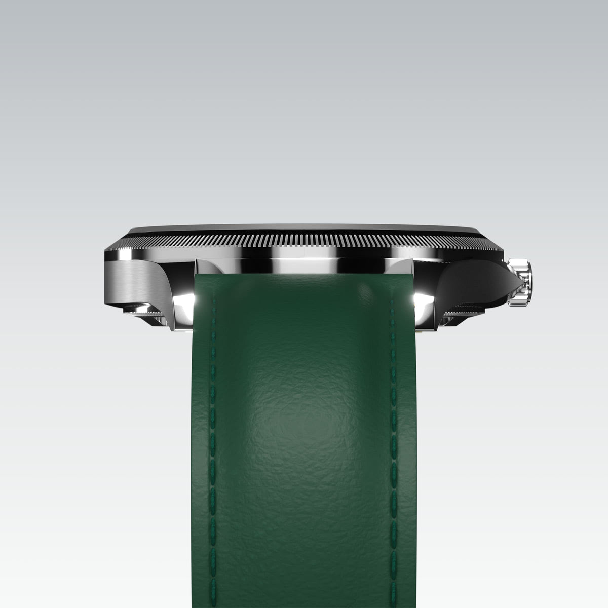 Underside view of the Sunseeker 40mm silver case and the clasp of a green eco vegan leather strap