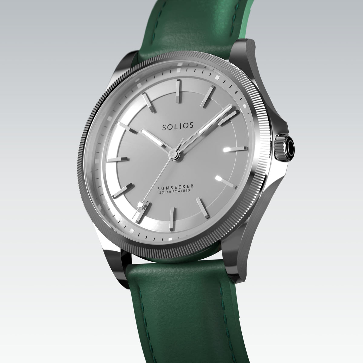 Angled view of the Sunseeker 40mm solar watch, silver dial and silver case on a green eco vegan leather strap