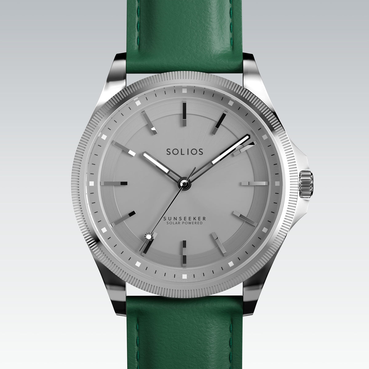 Close front view of the Sunseeker 40mm silver dial and silver case on a green eco vegan leather strap