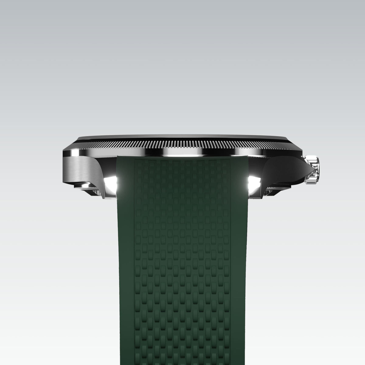 Underside view of the Sunseeker 40mm silver case and the clasp of a green natural rubber strap