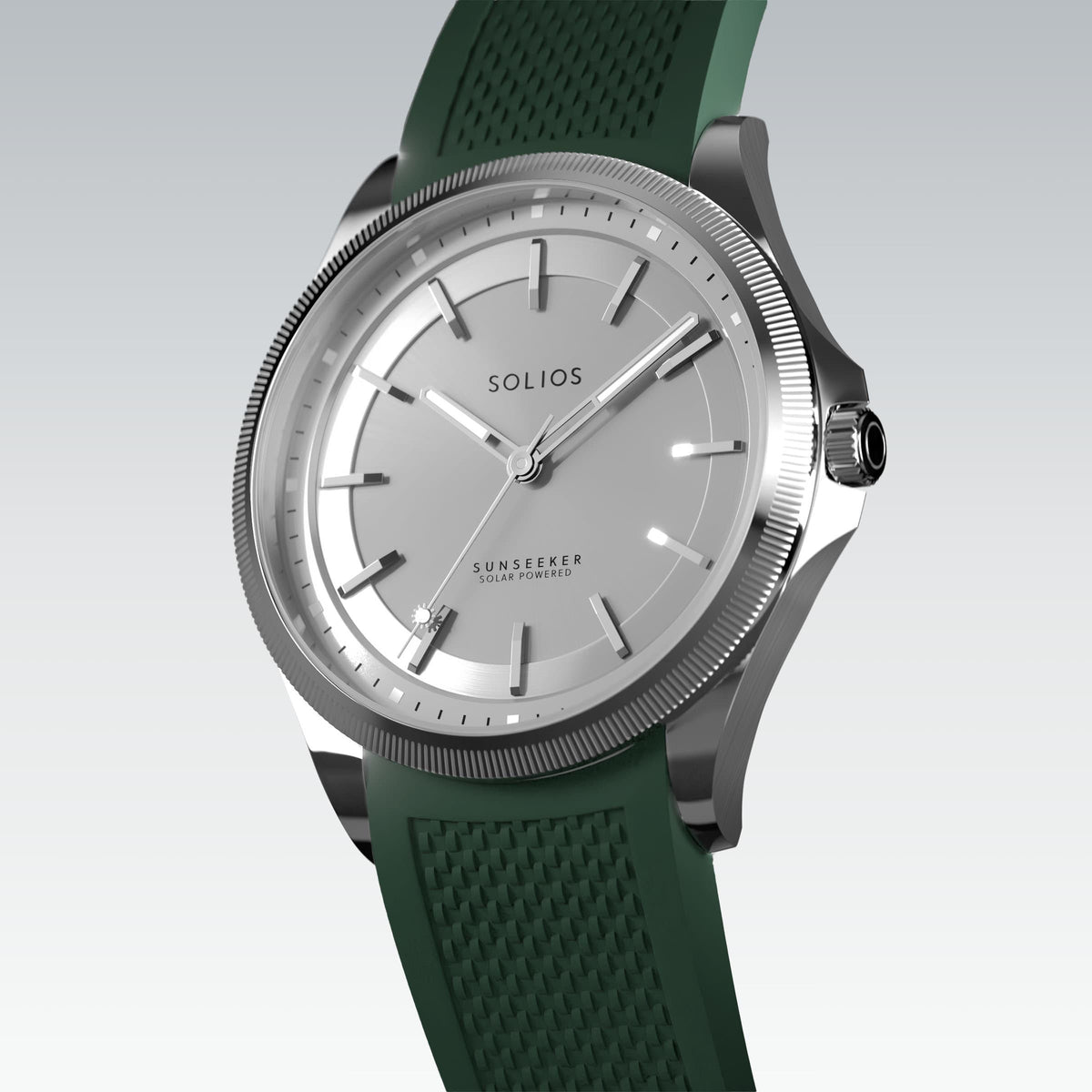Angled view of the Sunseeker 40mm solar watch, silver dial and silver case on a green natural rubber strap
