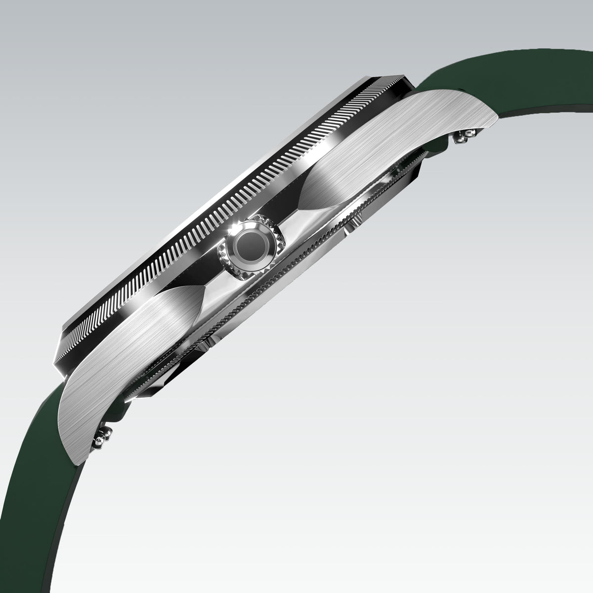 Side profile of the Sunseeker 40mm silver case showing the crown and ray-cut bezel, on a green natural rubber strap
