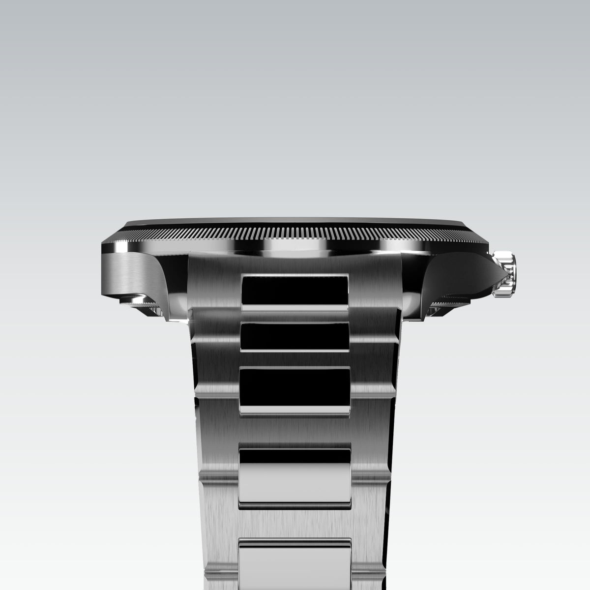 Underside view of the Sunseeker 40mm silver case and the clasp of a silver metal link bracelet
