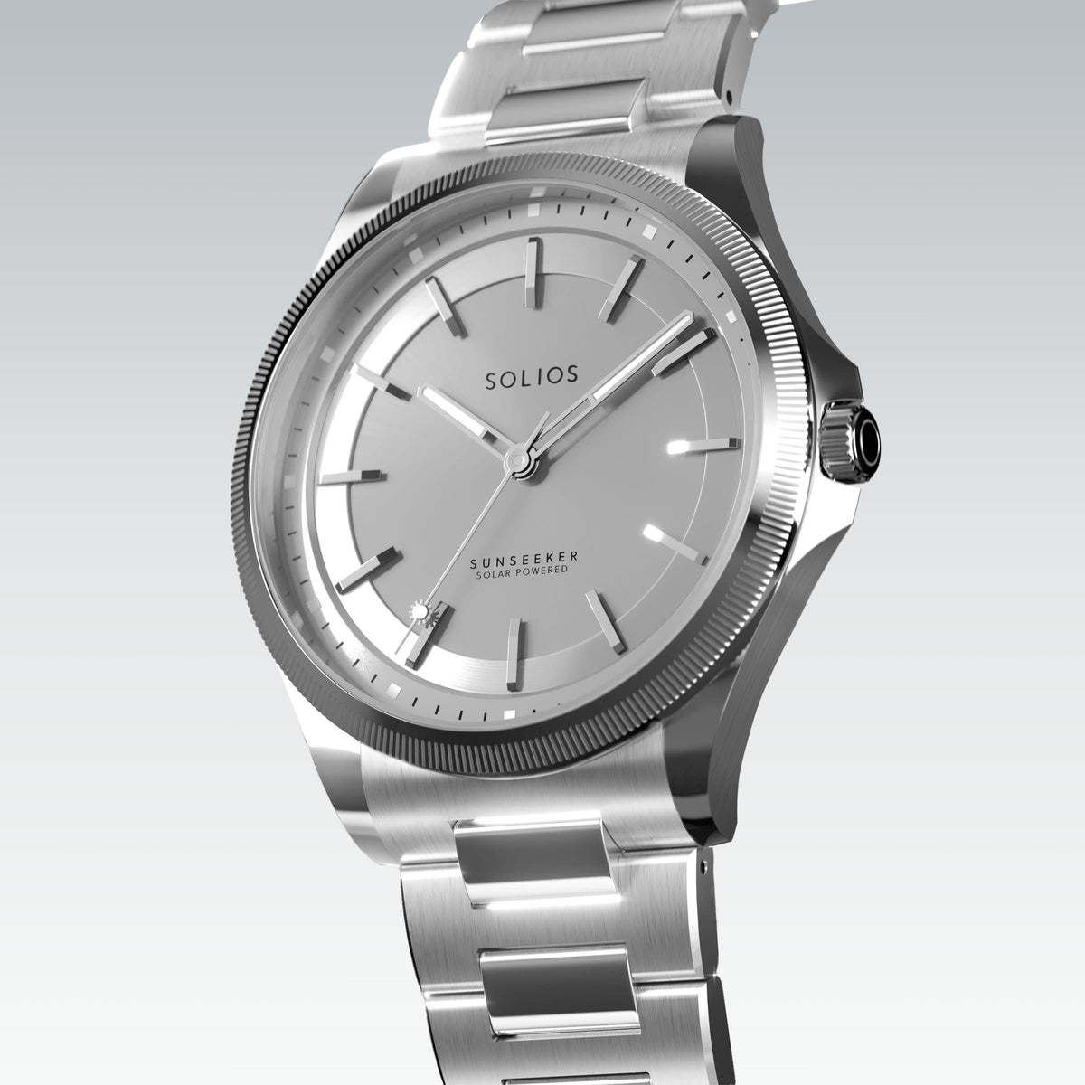 Angled view of the Sunseeker 40mm solar watch, silver dial and silver case on a silver metal link bracelet
