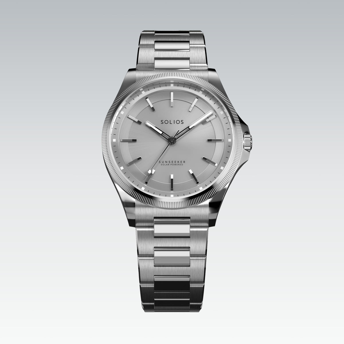 The Sunseeker 40mm solar watch from Solios, front view, silver dial in a silver case on a silver metal link bracelet