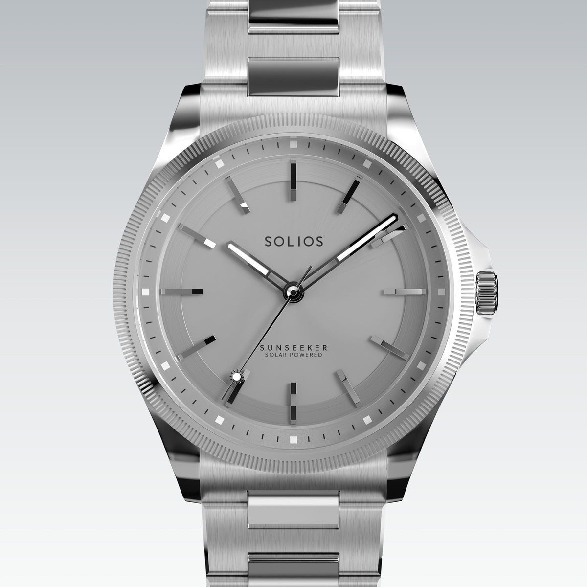 Close front view of the Sunseeker 40mm silver dial and silver case on a silver metal link bracelet