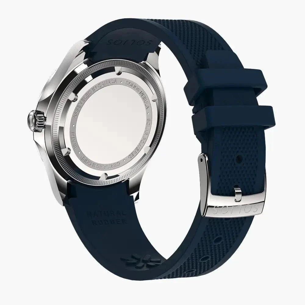 Blue Natural Rubber Strap on a Sunseeker Solar Watch with Silver Buckle