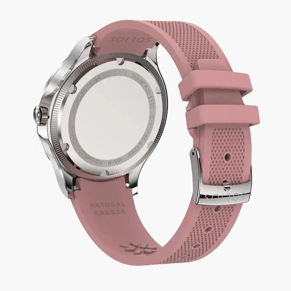 Pink natural rubber strap attached to a Sunseeker Solios solar watch with a silver case and silver buckle