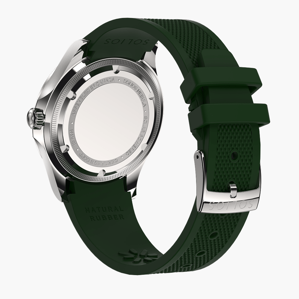 Green natural rubber strap attached to a Solios Sunseeker solar watch with a silver buckle