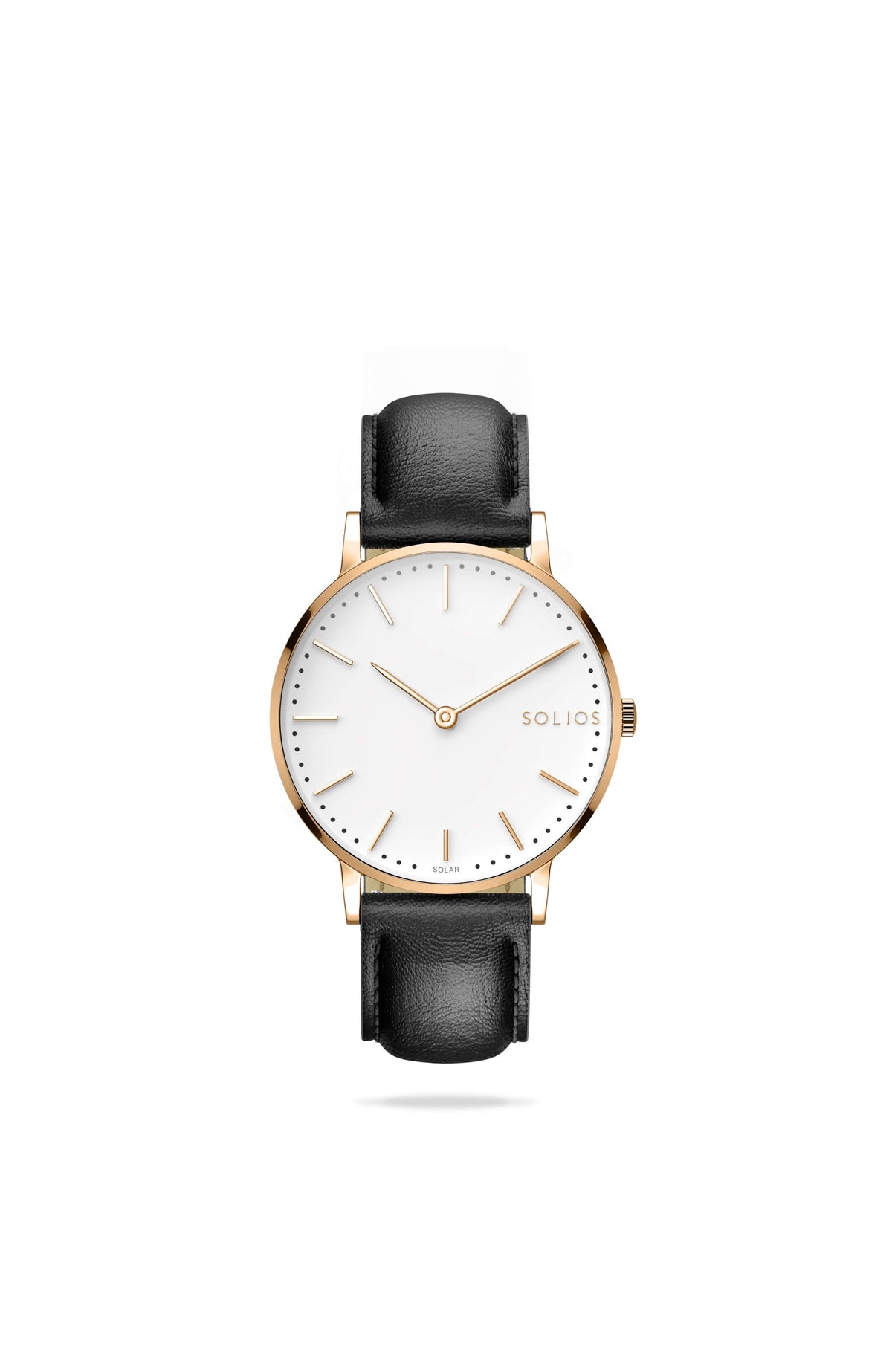 Solios solar watch with a white dial and rose gold case on a black leather strap