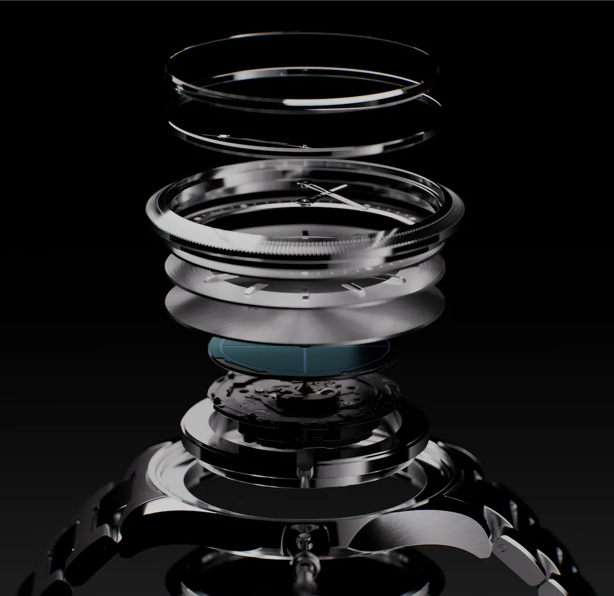 An exploded view of a Sunseeker solar watch movement by Solios, showing its various metallic components, solar cell, case, dial, and bracelet against a solid black background.